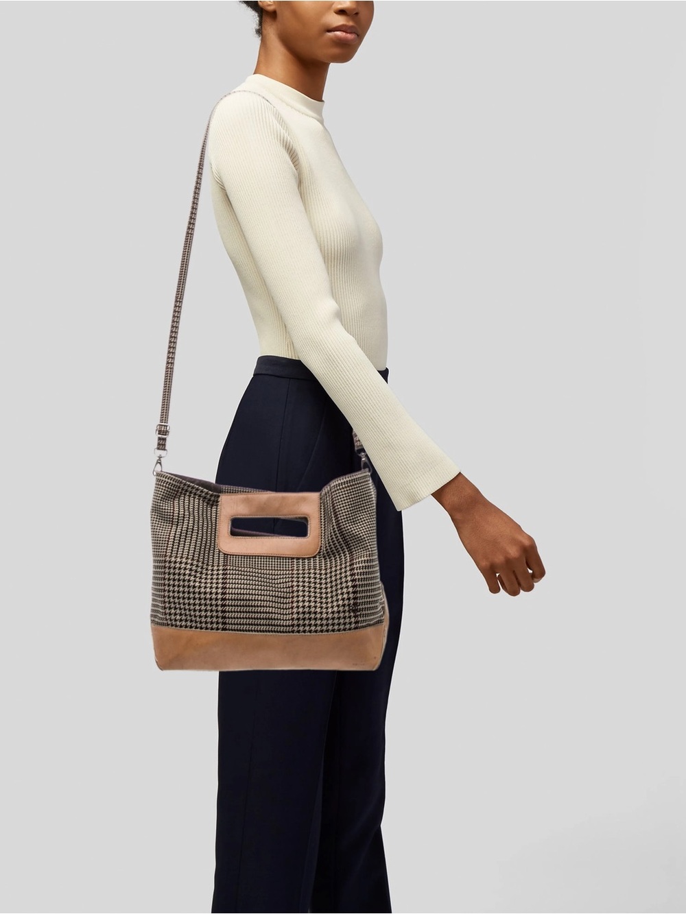 Lauren Ralph Lauren Tan leather Trim Houndstooth Cutout-Handle Tote